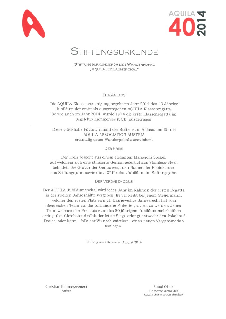 Stiftungsurkunde zum Aquila Jubiläumspokal Aquila Jubiläumspokal
